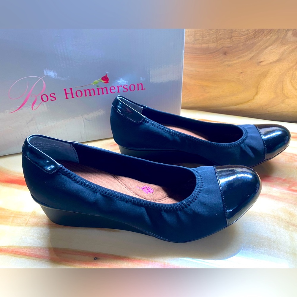 Ros Hommerson Stretch Wedge with Faux Patent Leather Closed Toe
